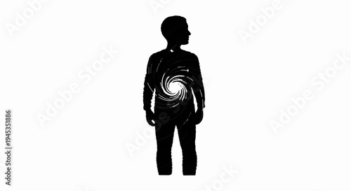 Silhouette of a person with a swirling vortex at the center of their chest