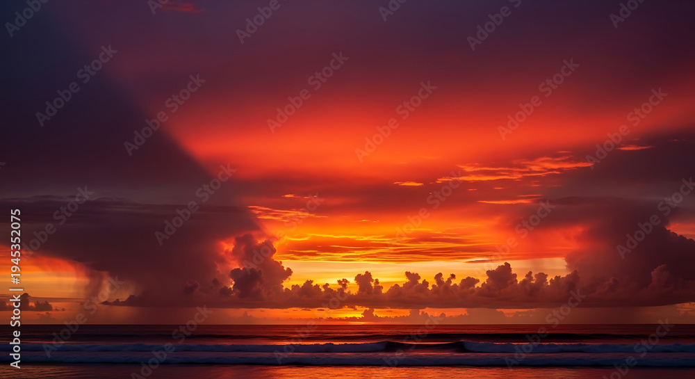 Fototapeta premium Sunset Over Ocean Horizon Fiery Red Sky After Storm