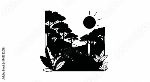 Silhouette of a savanna landscape with trees, foliage, and a bright sun