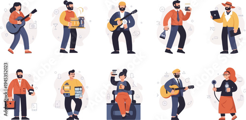 Diverse individuals engaged in various activities and hobbies, depicted in a stylized, pixelated art style