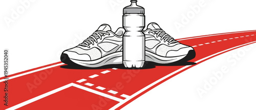 Running shoes and water bottle on a red track with white lines