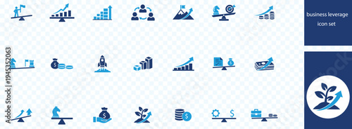 business leverage icon set flat style illustration. containing competitive edge, economic scale, synergy effect, strategic advantage, growth potential, equity funding, profit