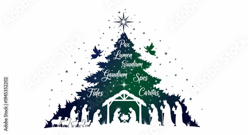 Silhouette nativity scene under a stylized Christmas tree with angelic figures
