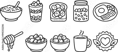 Collection of hand-drawn beverage and food icons in a simple line art style
