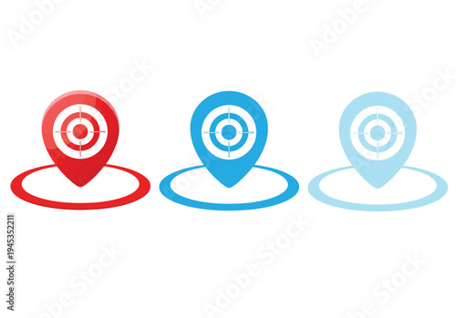 Location pin icons with target symbols in red, blue, and light blue, three stylized location pin