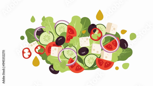 Fresh salad with tomatoes, cucumbers, olives, onions, and feta cheese