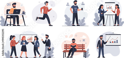 Diverse business, exercise, and leisure activities depicted in flat vector illustrations