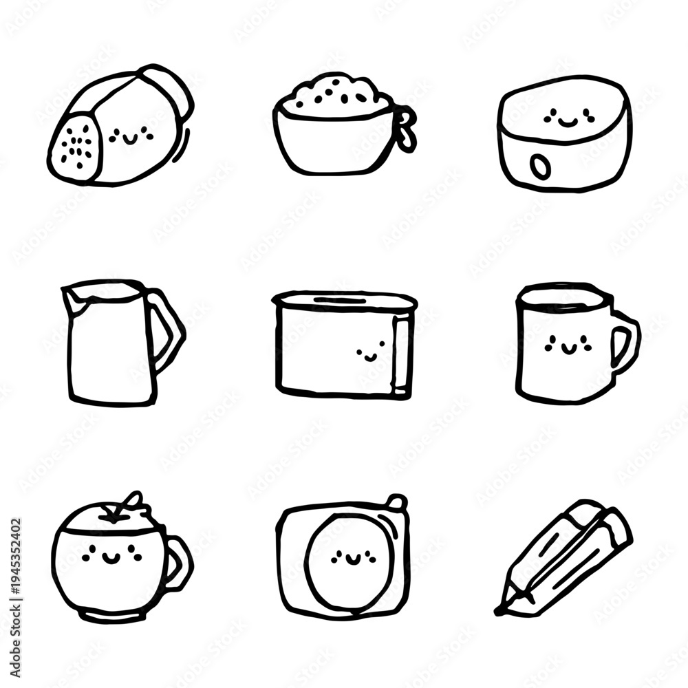 Obraz premium Cute Hand‑Drawn Household Icon Set: Salt Shaker, Measuring Cup, Rice Cooker, Pitcher, Container, Mug, Apple, Tape Roll, Pencil with Sharpener....!