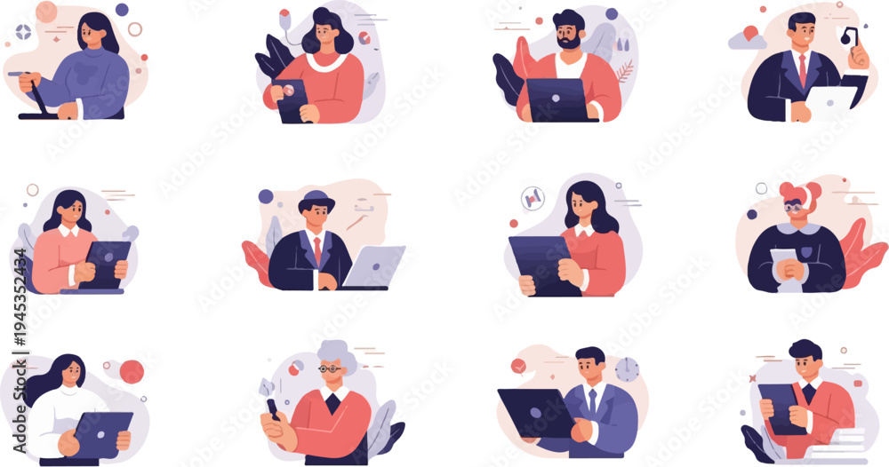Fototapeta premium Diverse individuals engaged in digital tasks with modern devices