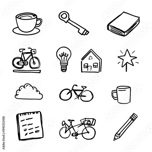 Hand‑Drawn Icon Set: Coffee Cup, Key, Book, Exercise Bike, Light Bulb, House, Magic Wand, Cloud, Bicycle, Mug, Notepad, Touring Bike, Pencil..!