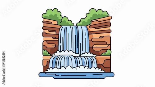 A stylized waterfall cascades down rocky cliffs, creating white foam