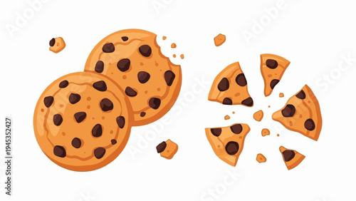 Delicious chocolate chip cookies, one broken into pieces and scattered