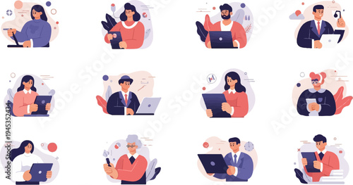 Diverse individuals engaged in digital tasks with modern devices