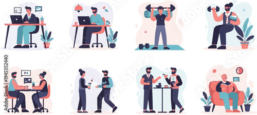 Diverse individuals engage in work, fitness, social activities, and leisure