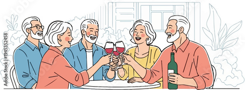 Five friends in an outdoor cafe toasting with wine, with foliage