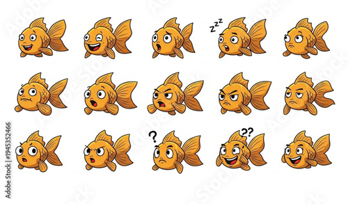 Goldfish emotions hand drawn vector set with cute cartoon fish facial expressions