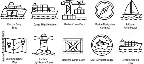 Collection of aviation and travel icons including airplane, runway, and airport control tower