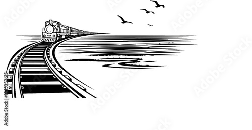 A vintage steam train curves along tracks over wavy water with birds