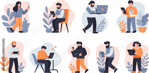 Diverse individuals engaged with technology in a stylized, minimalist setting