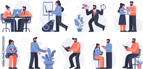 Diverse individuals engaged in work, leisure, and thoughtful activities