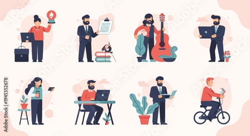 Diverse individuals engaged in various activities and professions on a light background