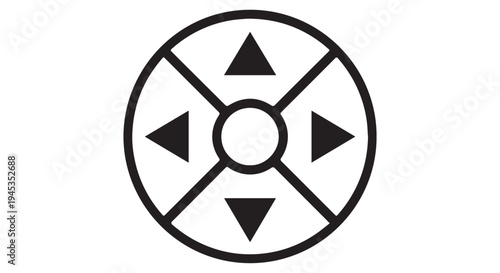 Black and white circular graphic icon with arrows pointing in four directions and a central circle