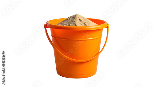 Bright orange pail filled with light tan sand, against a black background