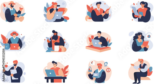 Diverse individuals engaged in various digital and creative activities