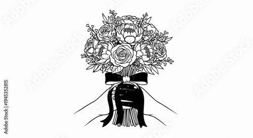 Elegant floral bouquet with black bow, held by hands