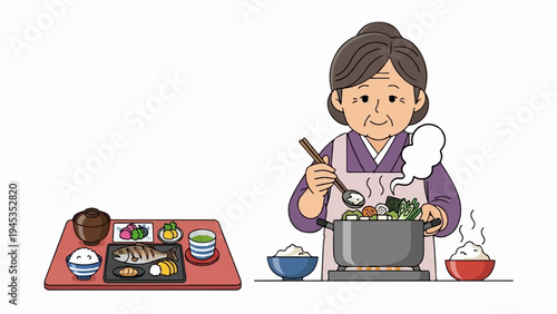 Elderly woman prepares a traditional meal, steaming pot and served tray