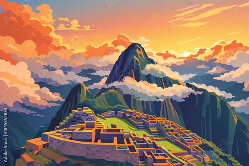 A breathtaking sunset illuminates the snow-capped mountain peaks and clouds over a vast nature landscape valley