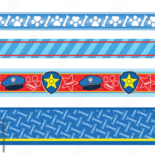 Blue Police Puppy Border Stripes Seamless Pattern