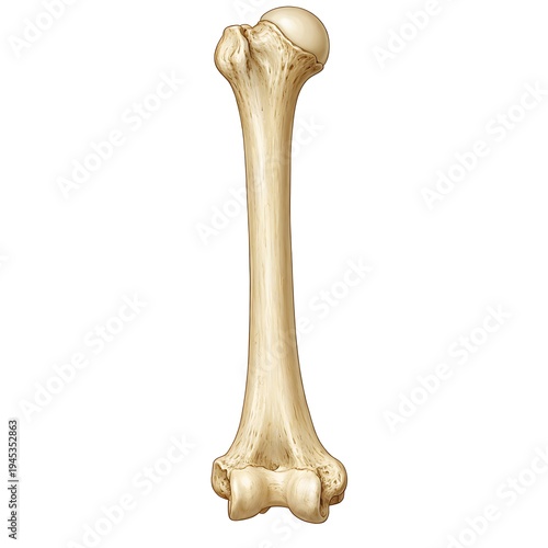 Realistic 3D human femur bone illustration isolated on white background, anterior view of thigh bone for medical and educational use.