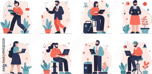 Diverse people working on laptops in stylized indoor settings with plants