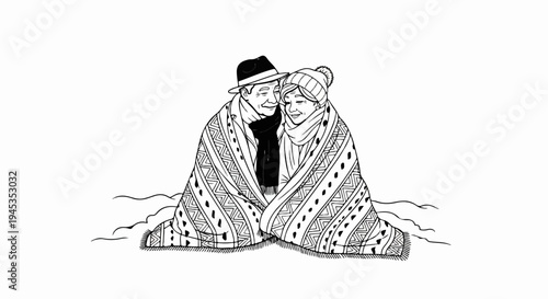 Elderly couple sharing a blanket, winter scene, cozy