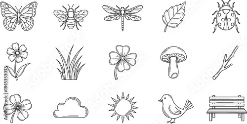 Collection of hand-drawn nature icons including insects, plants, animals, and weather elements