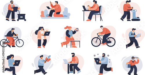 Diverse people engaged in various activities using technology and transport