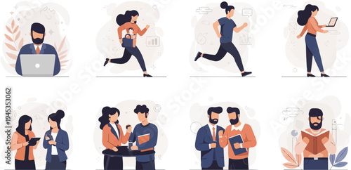 Diverse group engaged in various modern work-related activities and interactions