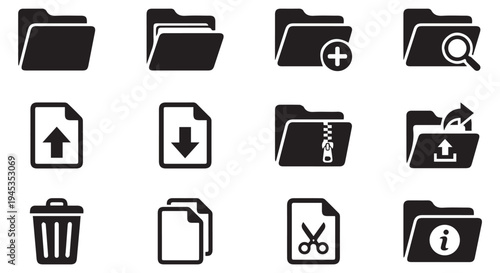 Grid of various computer icons for files and folders on Transparent Background, symbols for data management.
