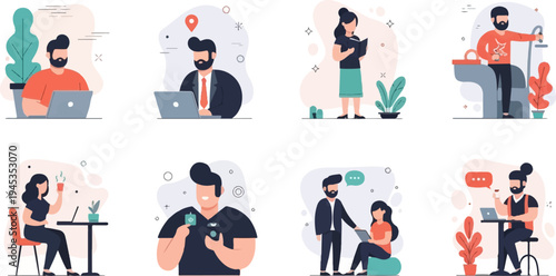 Diverse people engaged in various modern activities, including work and leisure