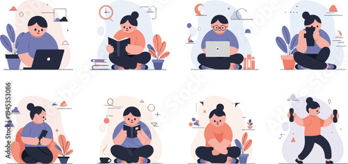 Diverse individuals engaged in various activities working, reading, and exercising indoors