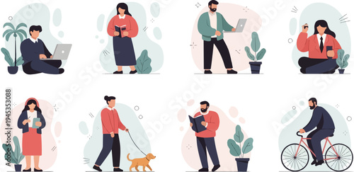 Diverse people engaged in daily activities and hobbies, set against abstract backgrounds