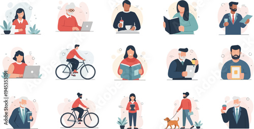 Diverse individuals engaged in work, leisure, and daily activities