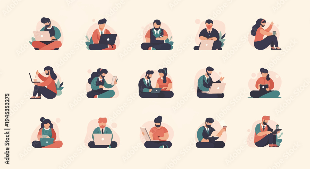 Fototapeta premium Diverse people in various poses using laptops and devices
