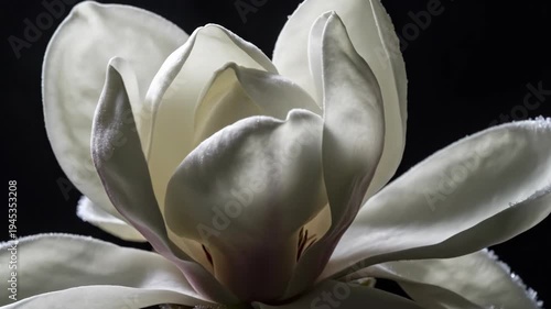 Elegant white magnolia blossom petals unfurl, revealing serene tranquil beauty. Delicate creamy flower glows, captivating close up against deep black
