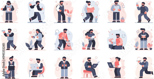 Diverse individuals engage in various daily activities, showcasing modern lifestyles