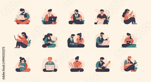 Diverse people in various poses using laptops and devices