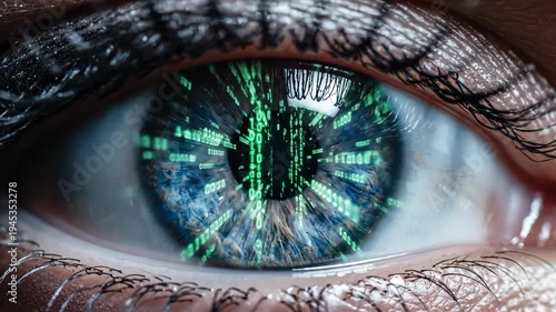 Captivating human eye iris reveals digital technology fusion, vibrant green data emerges, future artificial intelligence connection