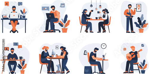 Diverse individuals engage in various activities, including working, conversing, and leisure