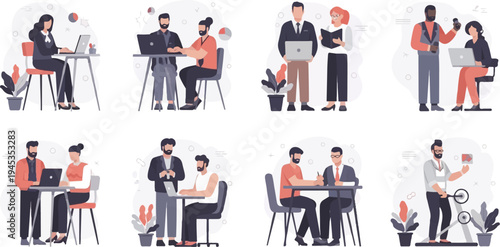 Diverse individuals collaborate and work in various office settings